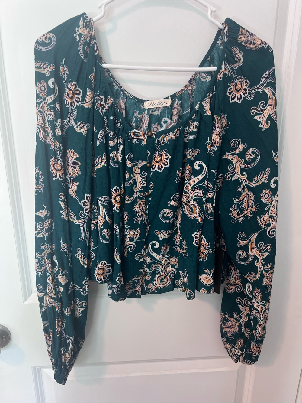 NWT Chloe & Katie Green Paisley Peasant Blouse Size Large